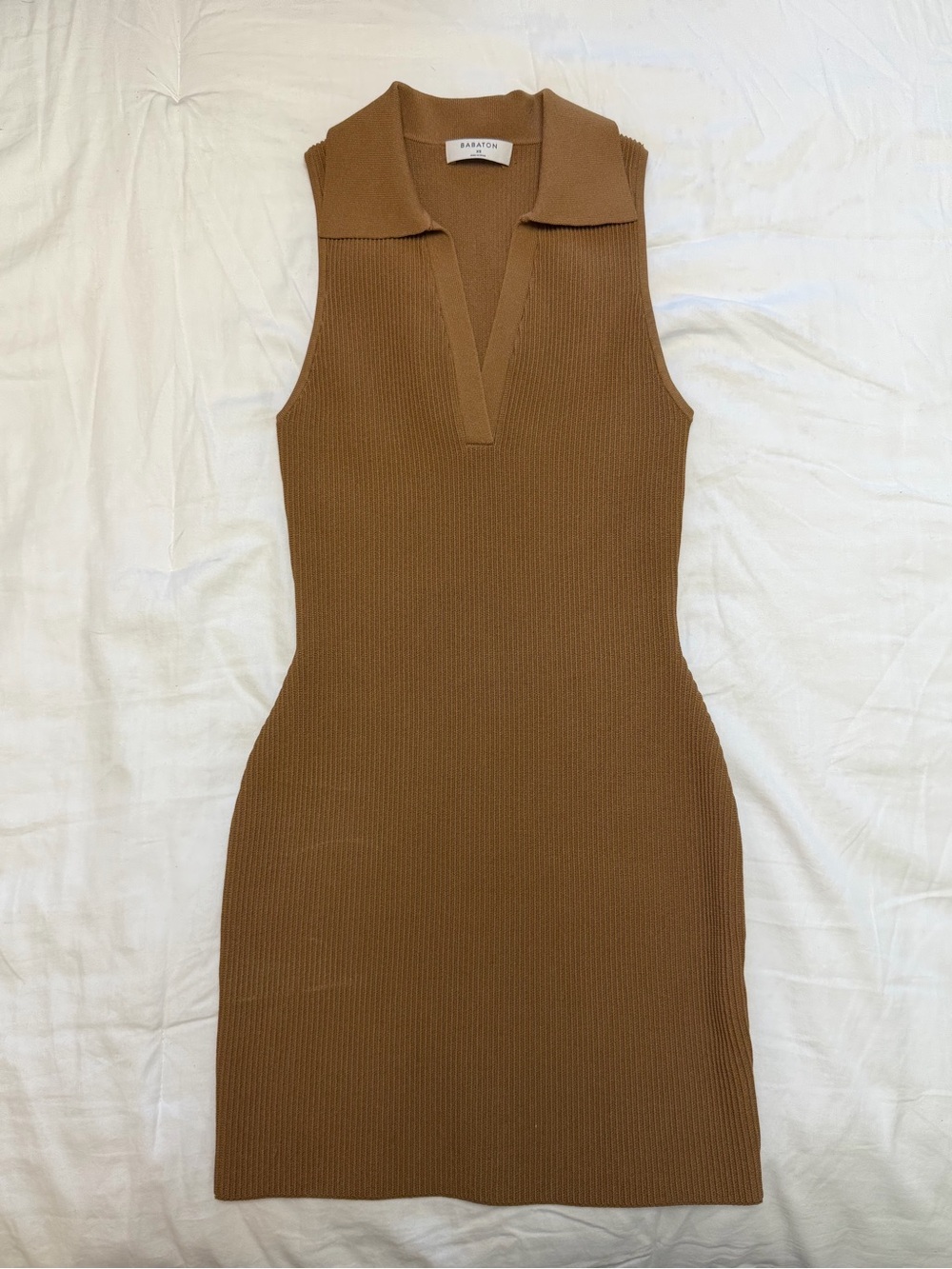 Babaton Sleeveless V-Neck Ribbed Dress in Caramel Brown